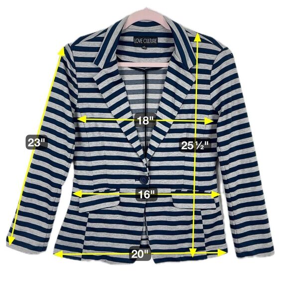 Knit Blazer Womens SZ LG Blue Stripes Gray Lightweight Preppy Trendy College - Picture 2 of 11